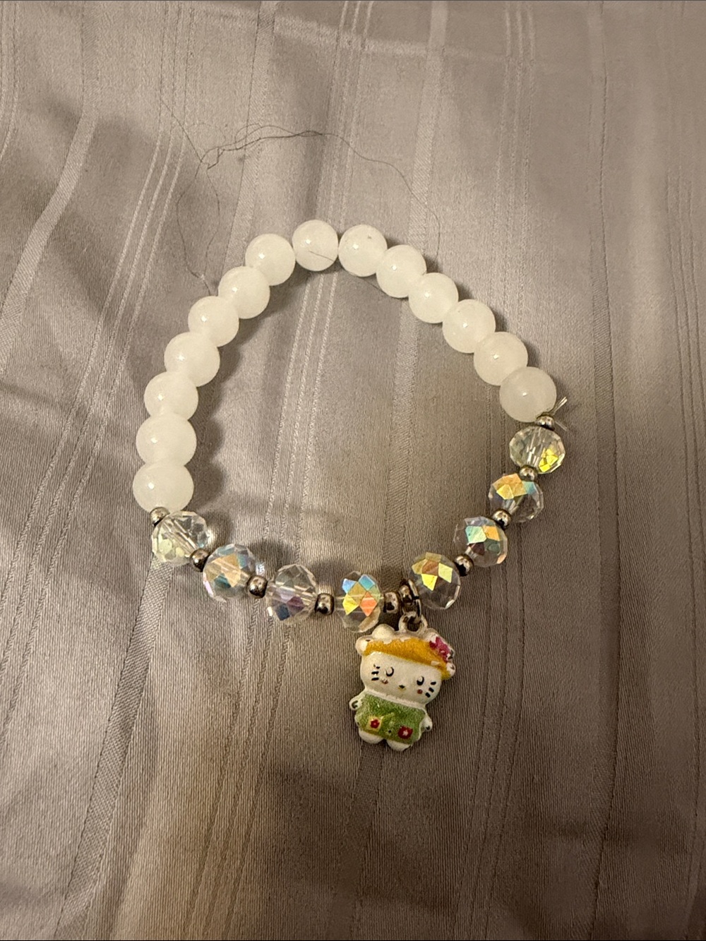 White Beaded Charm Bracelet with Cute Character Pendant